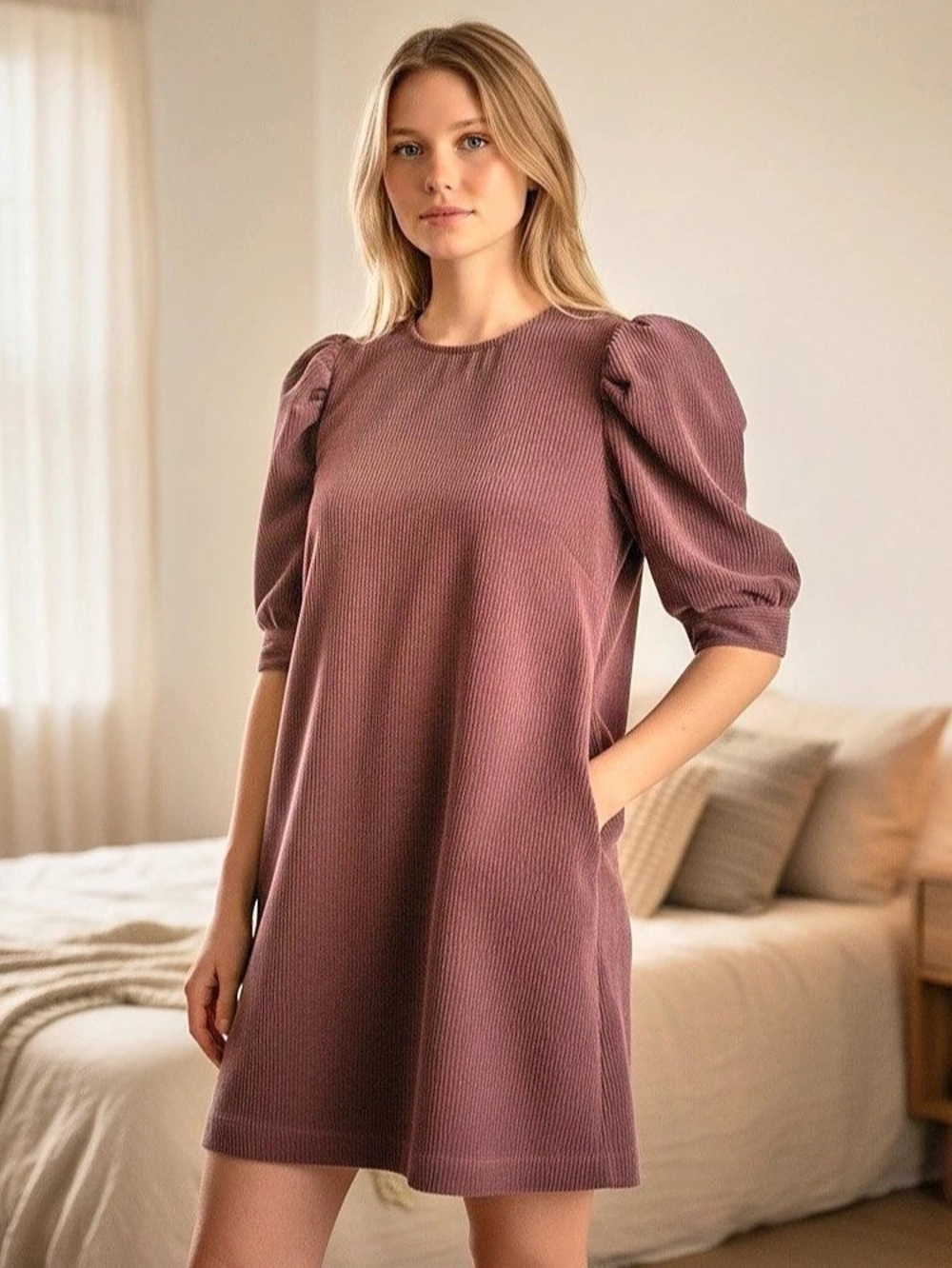 Who What Wear Ribbed Puff Sleeve Mini Dress in Purple Medium